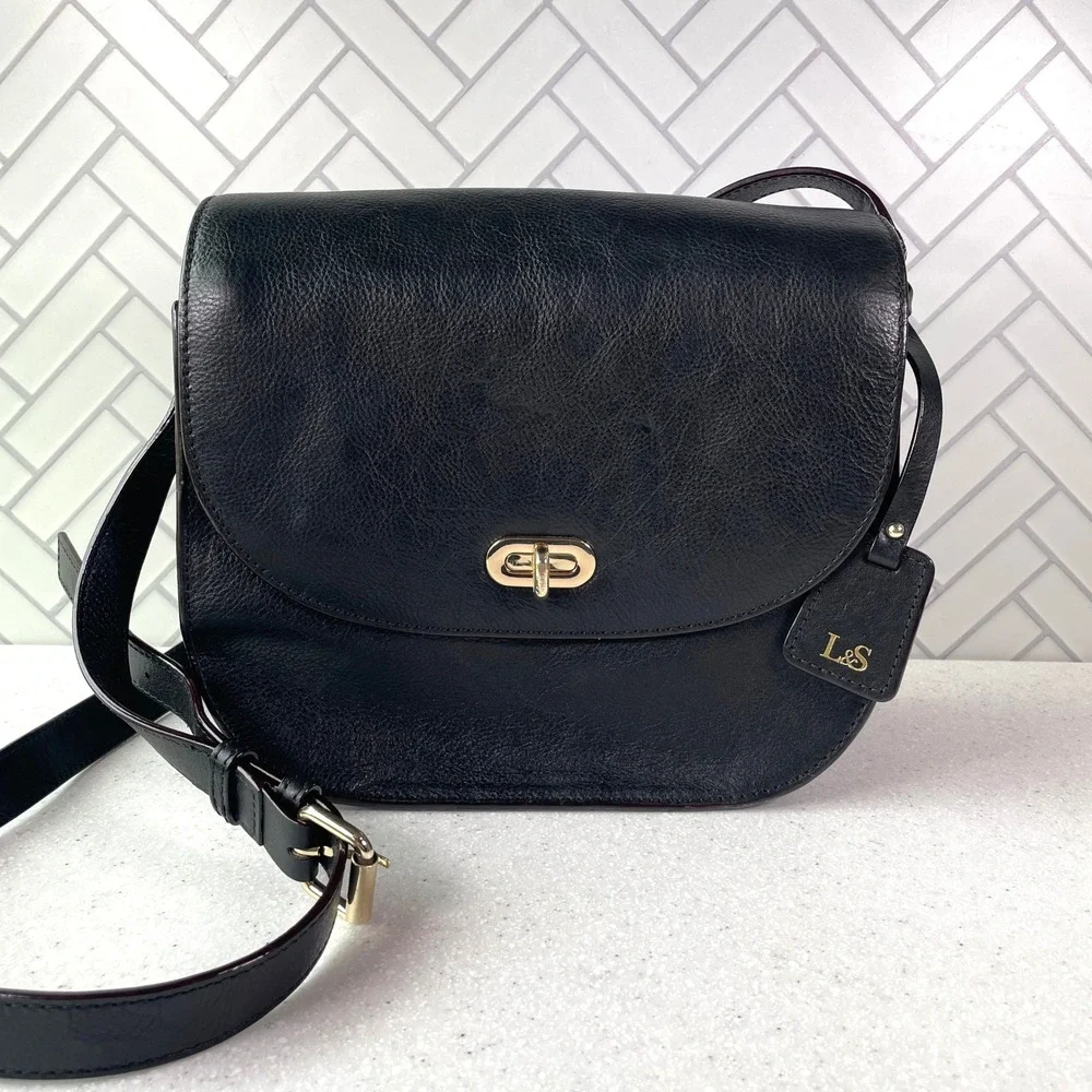 Lo & Sons The Claremont Black Leather Camera Bag Crossbody Purse Gold Hardware